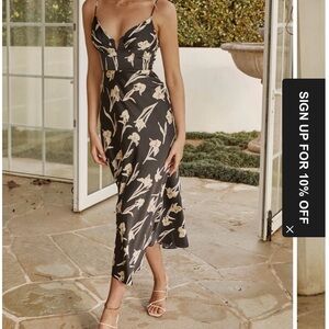 Floral Slip Midi Dress in Black and Cream Floral Print